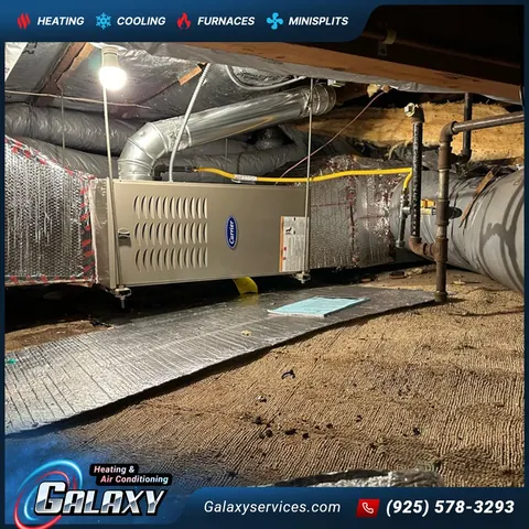 Horizontal furnace and insulated ducts installed in a low-clearance crawlspace in Berkeley
