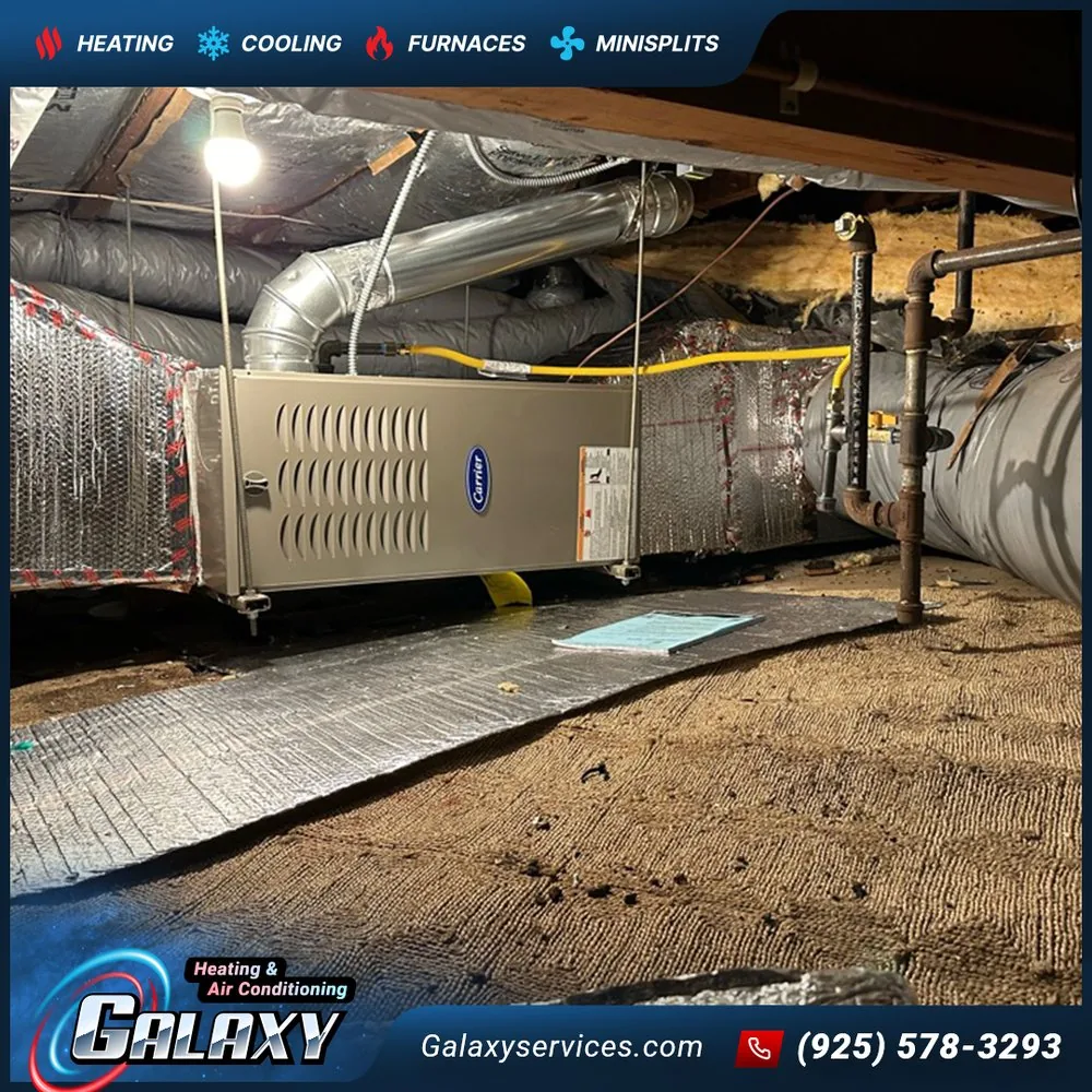 Horizontal furnace and insulated ducts installed in a low-clearance crawlspace in Berkeley
