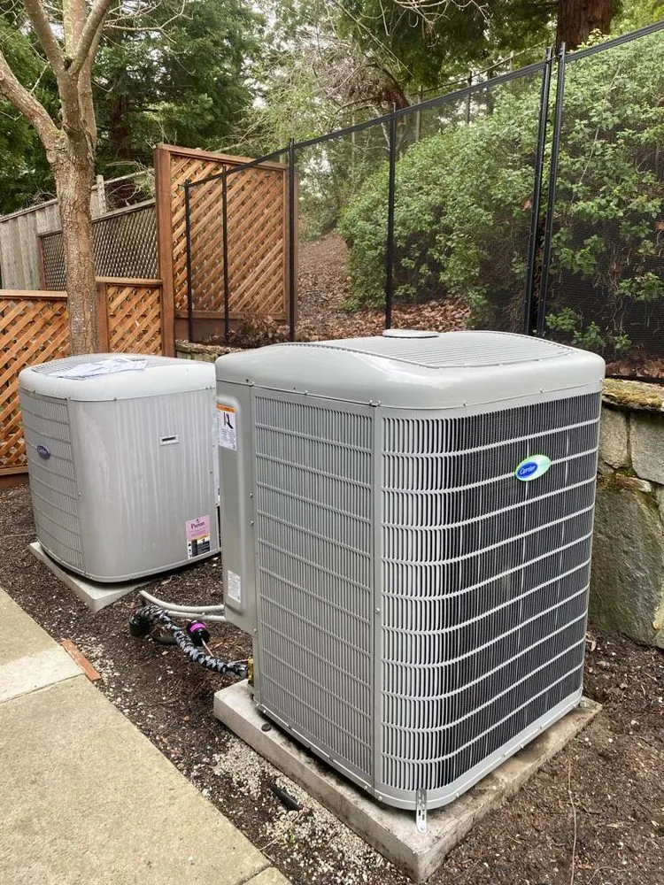Two Carrier heat pumps installed on separate pads beside a landscaped yard in Danville