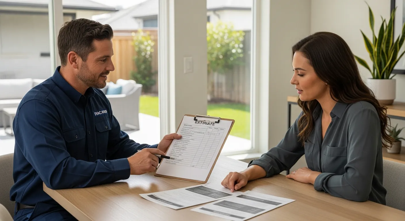 HVAC professional reviewing a detailed air conditioning installation quote and scope