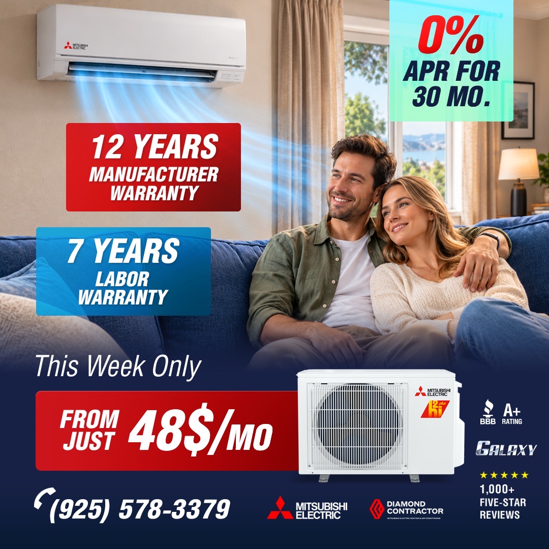 Galaxy promotional image for Mitsubishi Electric ductless systems: 0% APR for 30 months, 12 years manufacturer warranty, 7 years labor warranty, This Week Only, from just 48 dollars per month, call (925) 578-3379, with Galaxy and Mitsubishi Electric Diamond Contractor marks.