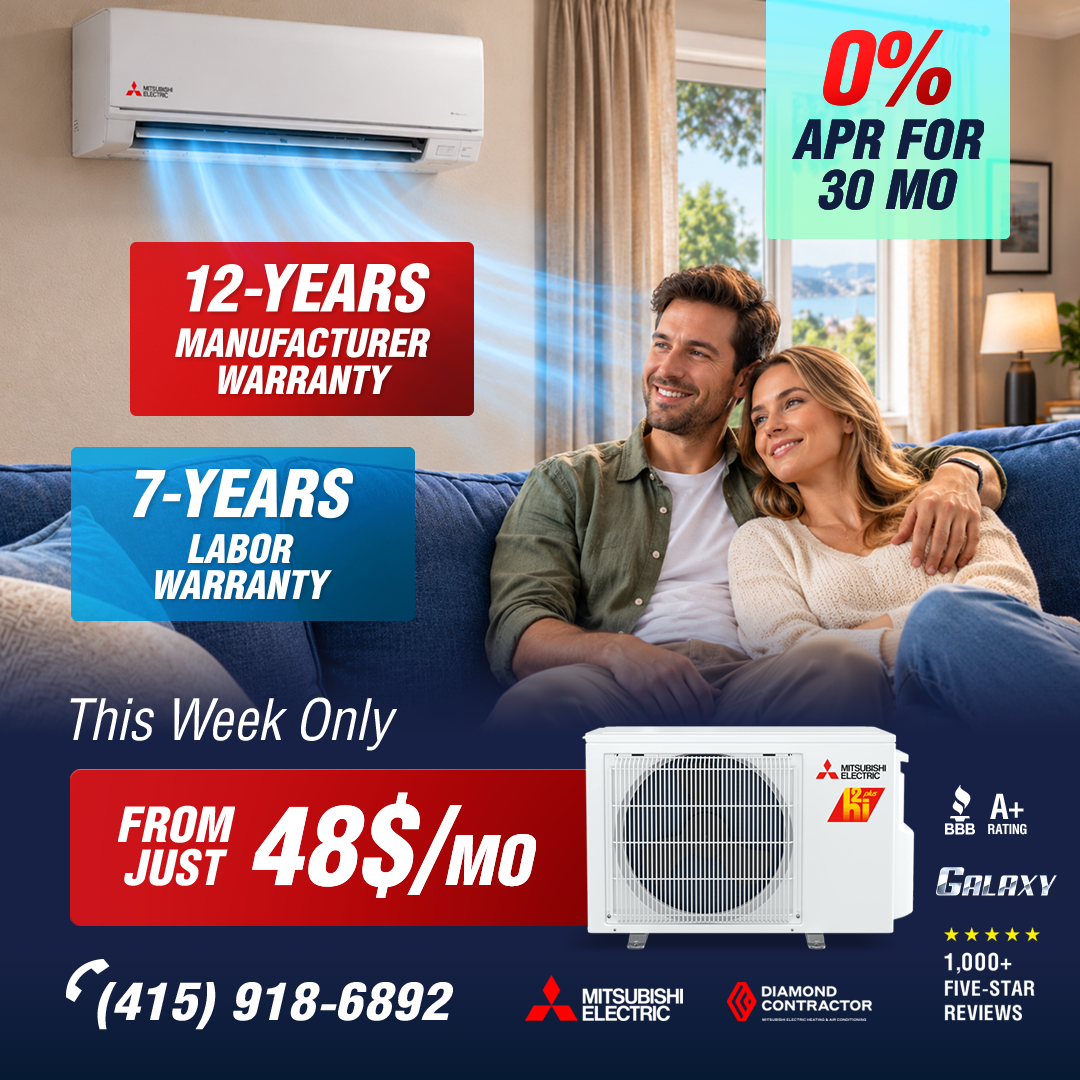 Galaxy promotional image for Mitsubishi Electric ductless systems: 0% APR for 30 months, 12 years manufacturer warranty, 7 years labor warranty, This Week Only, from just 48 dollars per month, call (415) 918-6892, with Galaxy and Mitsubishi Electric Diamond Contractor marks.