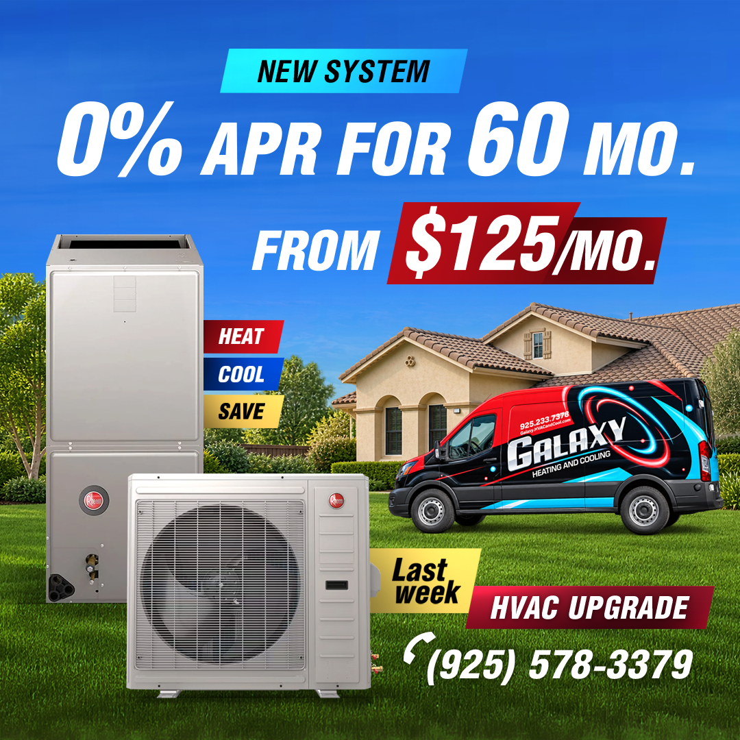 Galaxy promotional image for a new Rheem system: 0% APR for 60 months, from $125 per month, HVAC upgrade, call (925) 578-3379, with Rheem equipment and a Galaxy van.