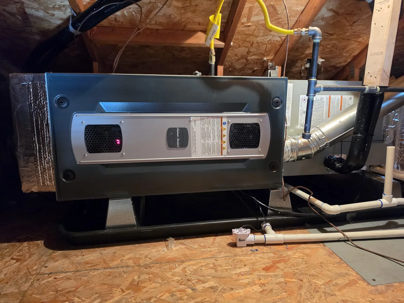 Horizontal gas furnace installation on an attic equipment platform in Walnut Creek